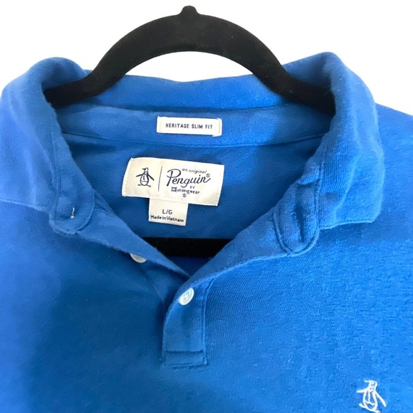 Lot of 2 Penguin Men Sz L Linen Cotton Blend Polo Shirts Blue Embroidered Logo - Picture 8 of 13